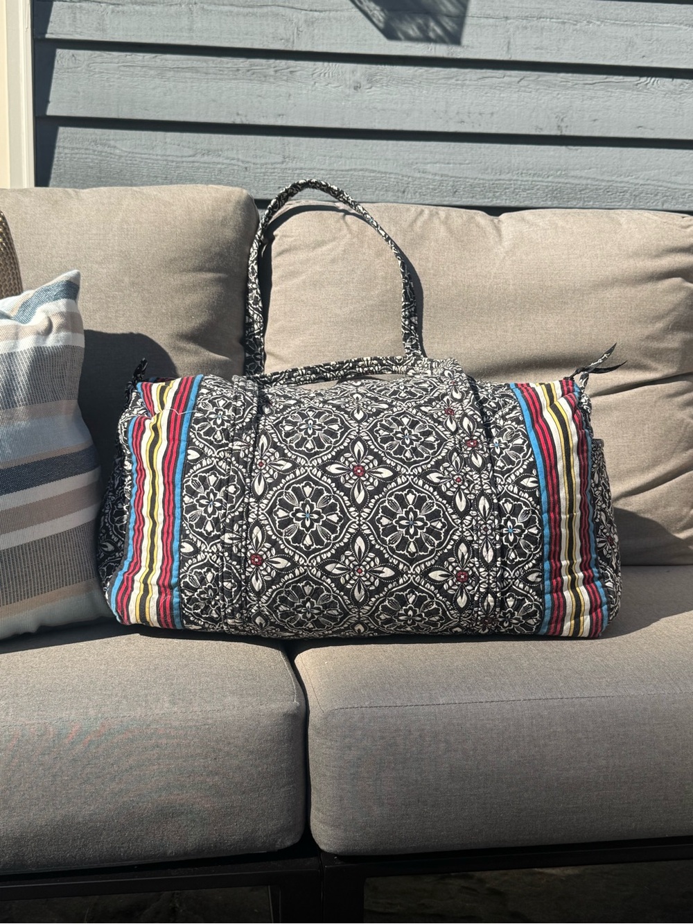Vera Bradley Barcelona Black Floral Quilted Weekender with Multicolor Stripes
